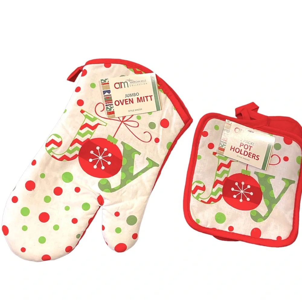 3 Pcs~Joy Ornament Kitchen Sets  1~Oven Mitts & 2~Pot holders